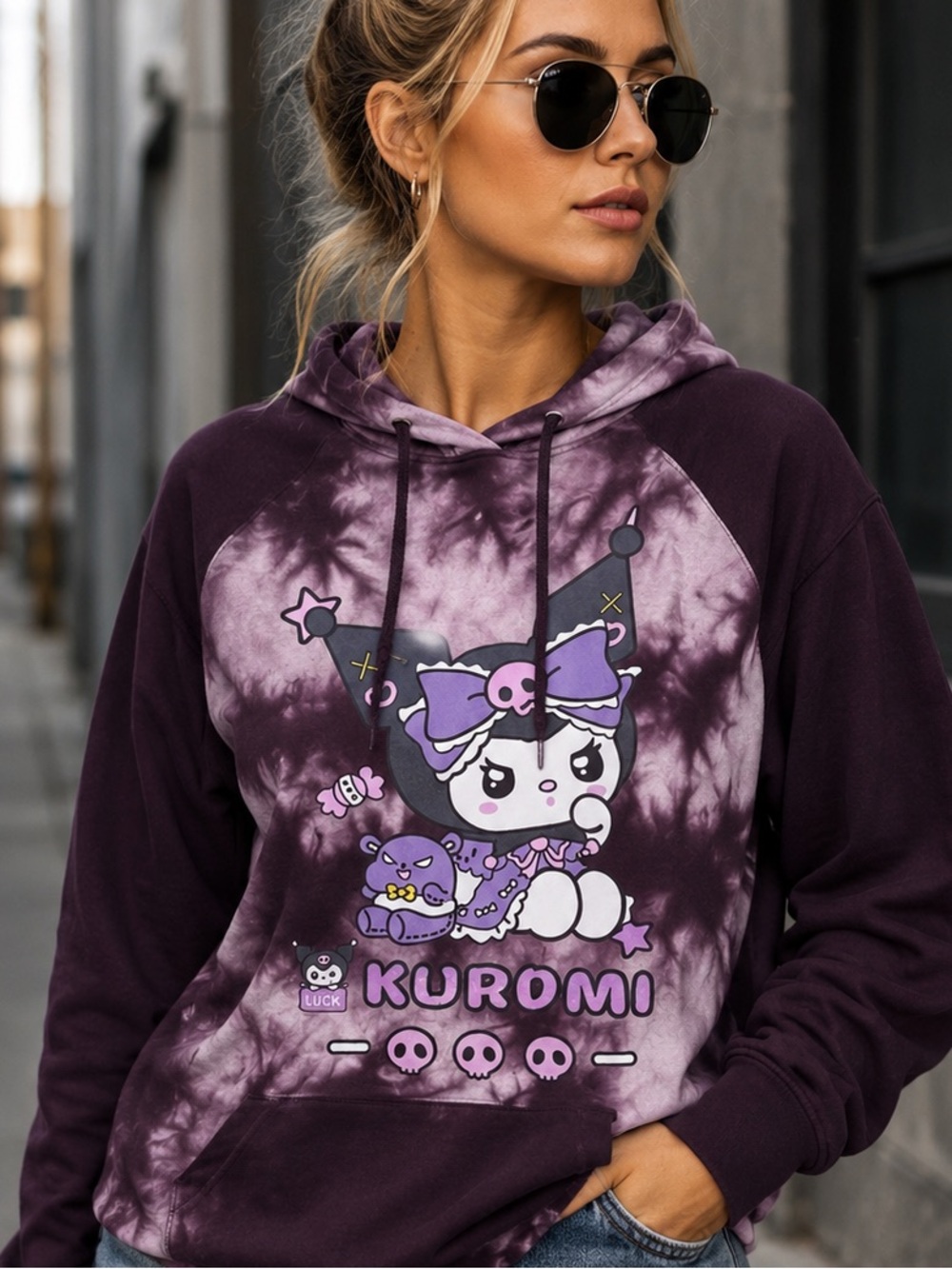 Zine Kuromi Tie-Dye Pullover Hoodie in Plum & Lavender Large